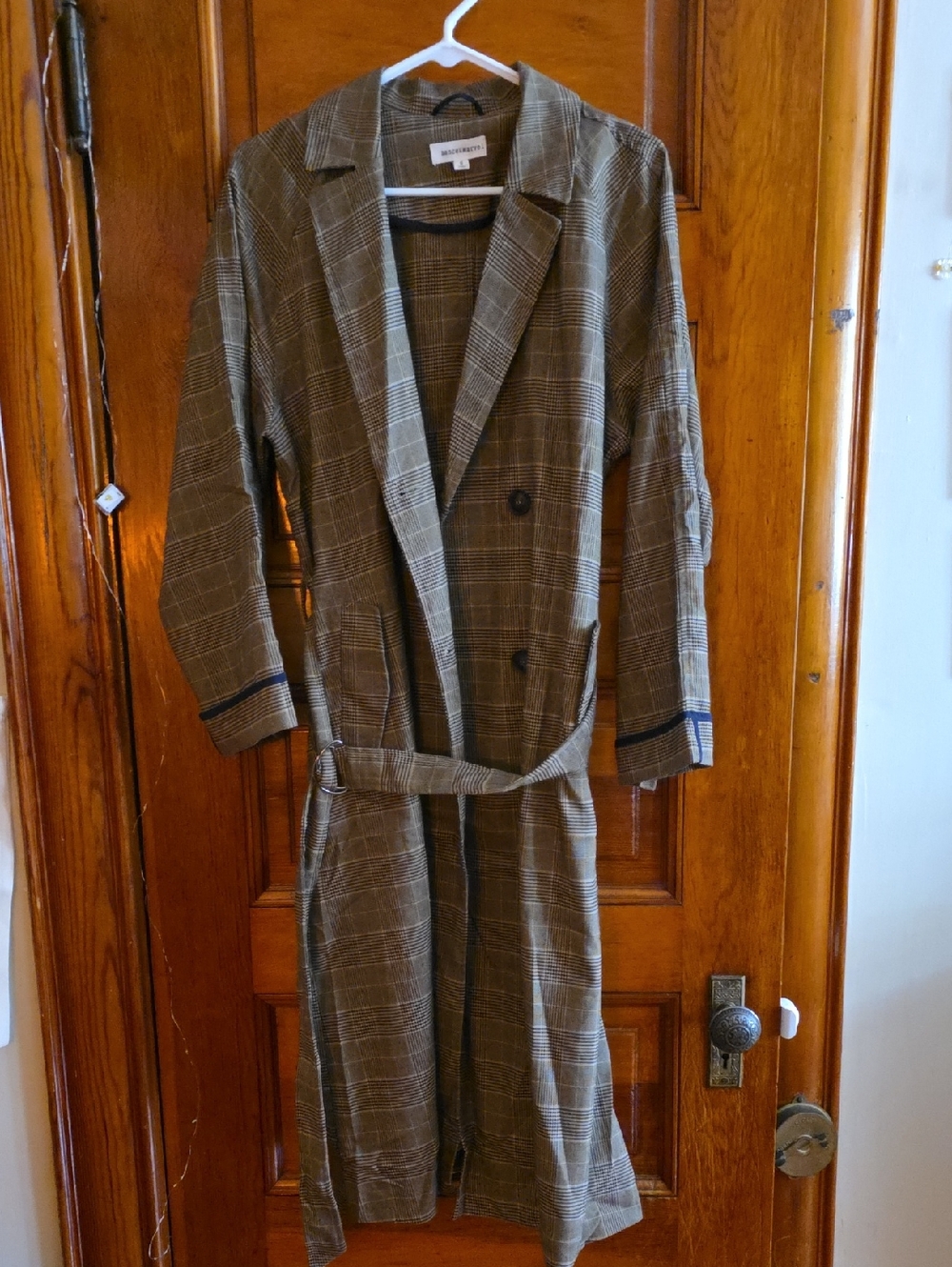 Anthro Dance & Marvel Tan and Black Plaid Trench Coat